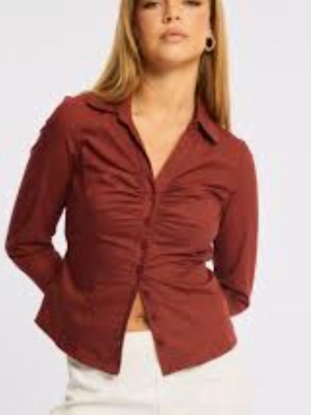 Entro Rust Red Ruched Button-Front Women's Shirt Sz S